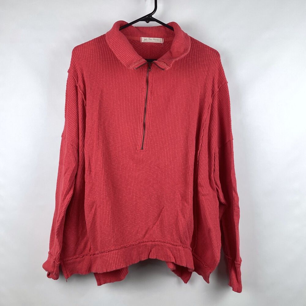 Free People We The Free Walk Away 1/2 Zip Pullover Red XS Boxy Ribbed Raw Edge